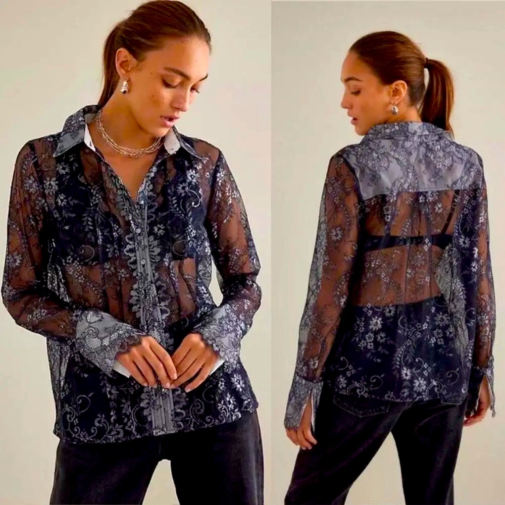 NWT Anthropologie Sheer Floral Lace Blouse XS Black Silver Metallic